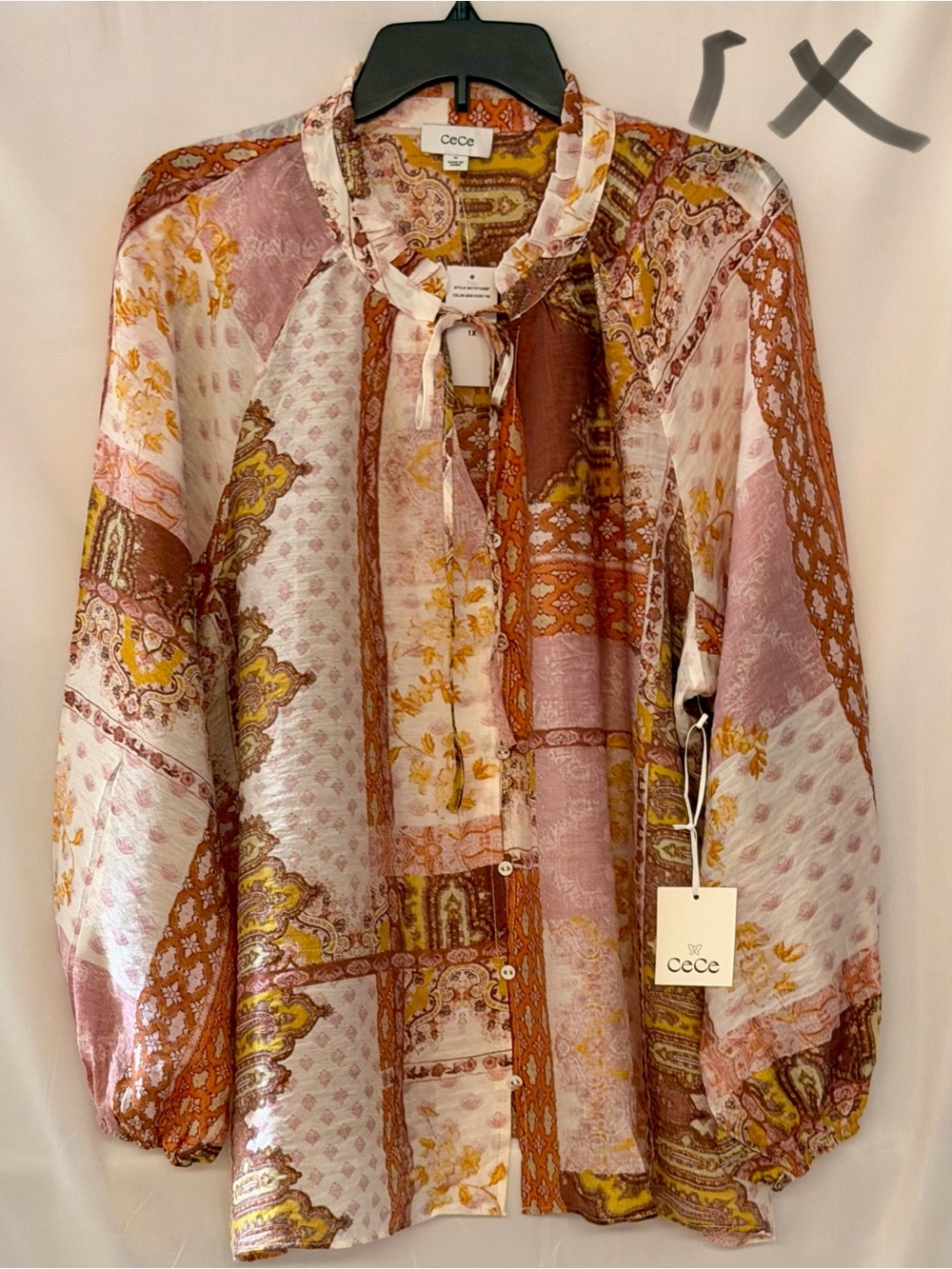 CeCe Pink, Brown and Yellow Paisley Patchwork Tie-Neck Blouse